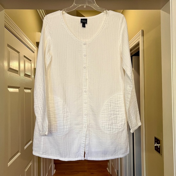 EUC Eileen Fisher Organic Cotton Button Front Tunic Top Blouse Shirt White SMALL - Picture 1 of 3